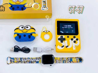 Combo "MINIONS" Copii Mini Consolă Portabilă + Smartwatch Bluetooth + Căști Wireless Airpods – Distracție, Muzică și Jocuri Oriunde