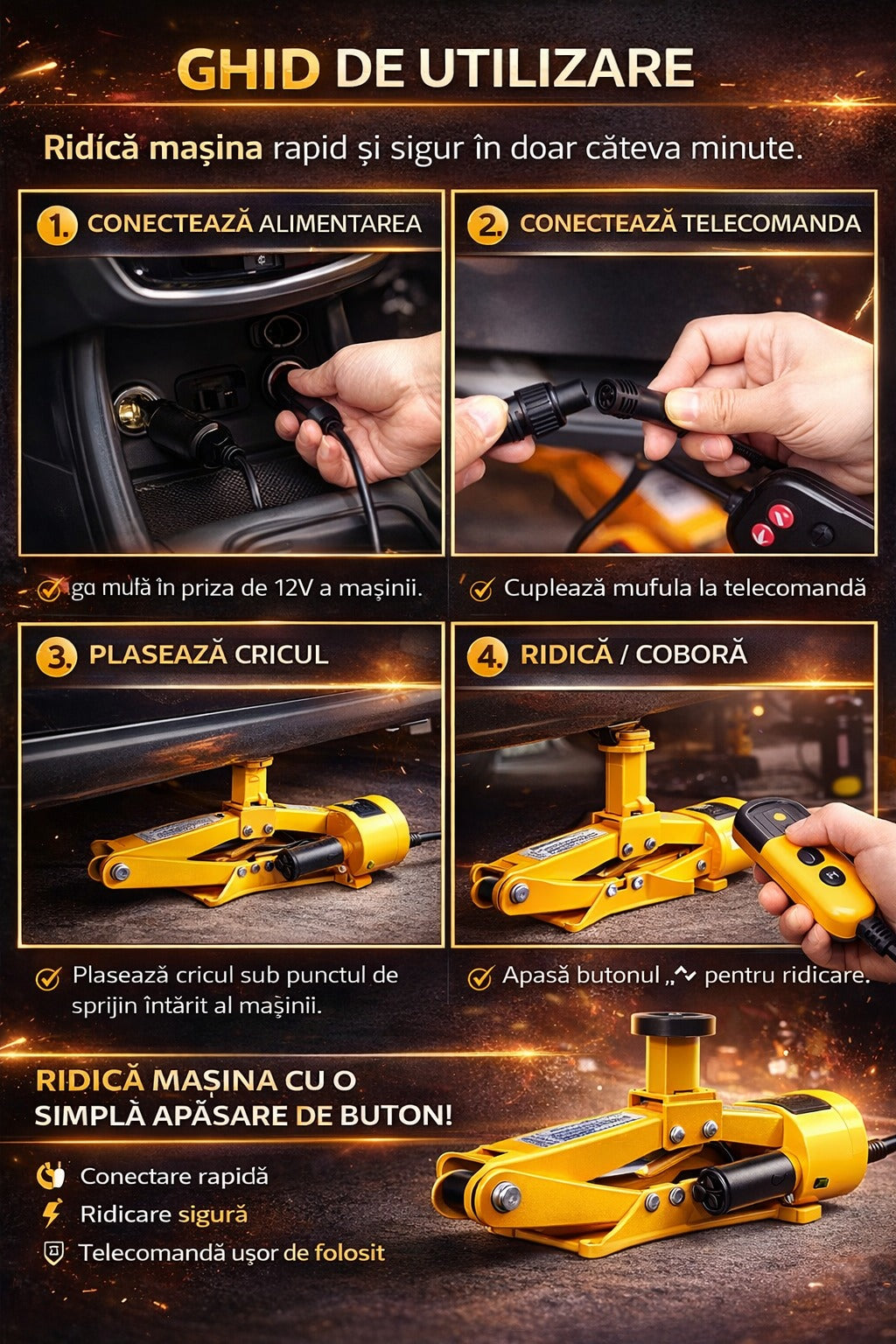 Cric auto electric 3 tone 12V kit complet cu dispozitiv impact
