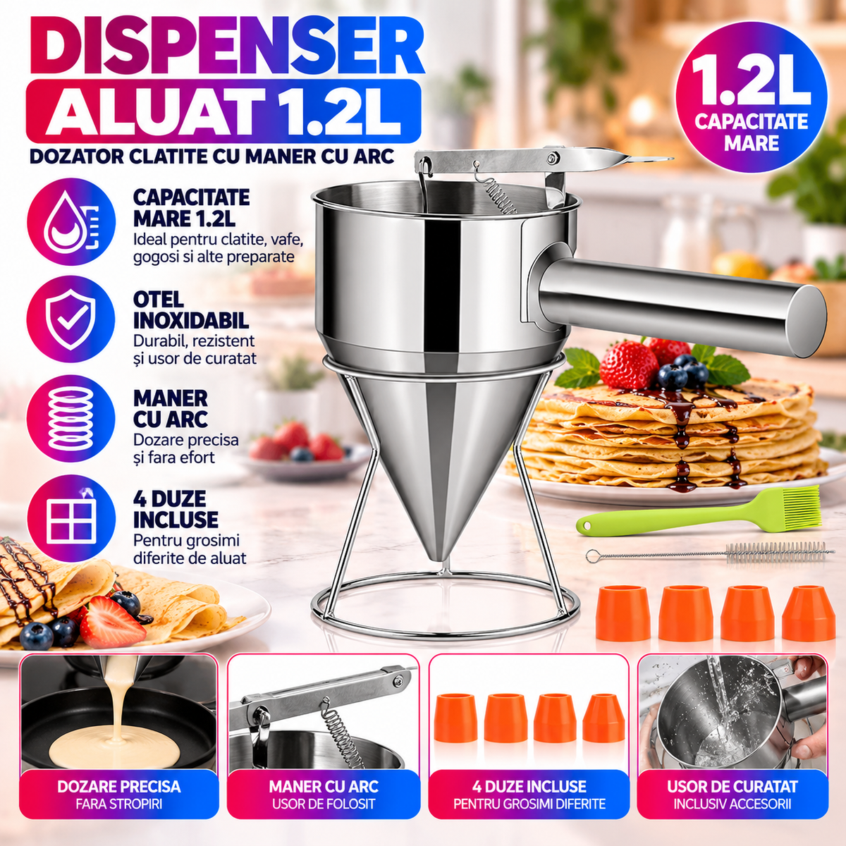 Dispenser Aluat 1.2L din Otel Inoxidabil, Dozator Clatite cu Maner cu Arc