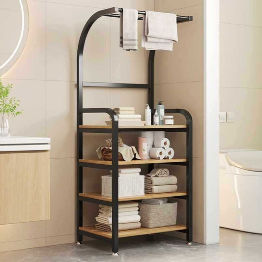 Etajera baie metalica cu suport prosoape si rafturi lemn 152x60x31 cm