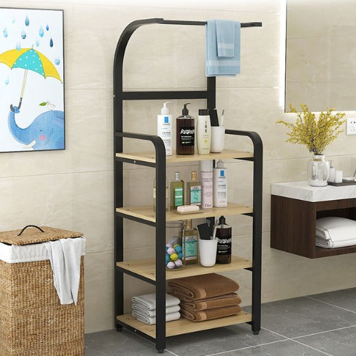 Etajera baie metalica cu suport prosoape si rafturi lemn 152x60x31 cm