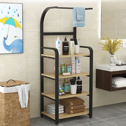 Etajera baie metalica cu suport prosoape si rafturi lemn 152x60x31 cm