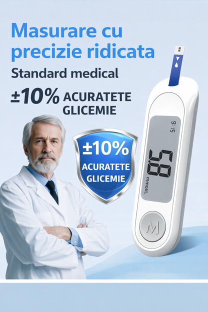 Glucometru digital cu 50 teste si lancete monitor glicemie LCD mare fara codare - cadou un Pulsoximetru