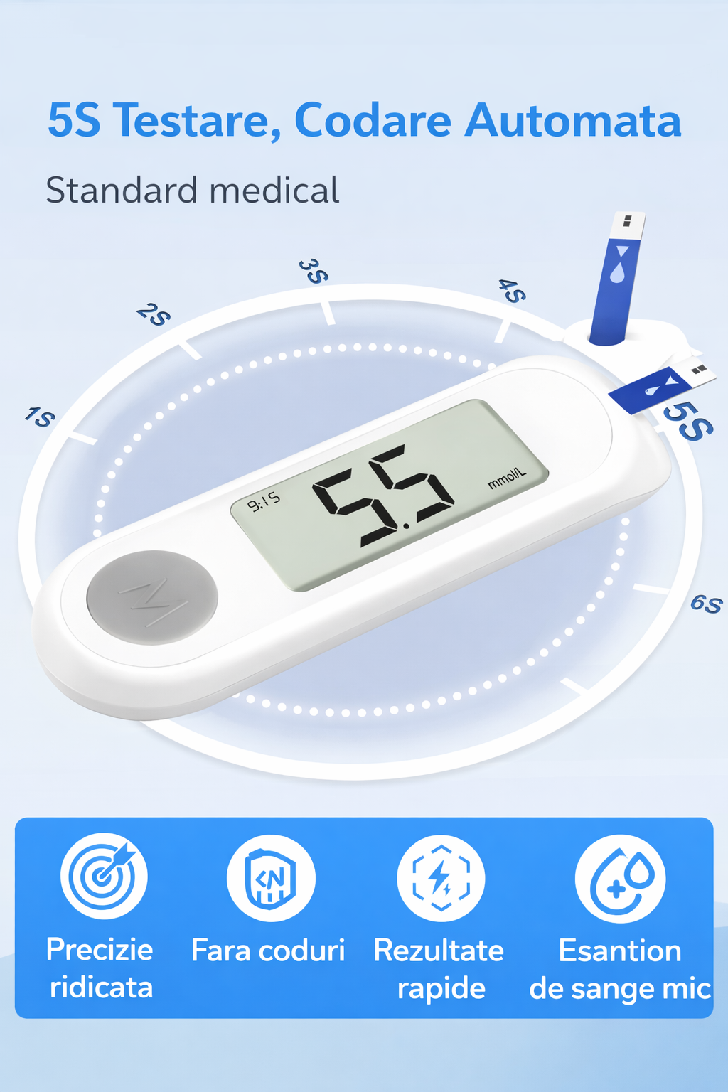 Glucometru digital cu 50 teste si lancete monitor glicemie LCD mare fara codare - cadou un Pulsoximetru