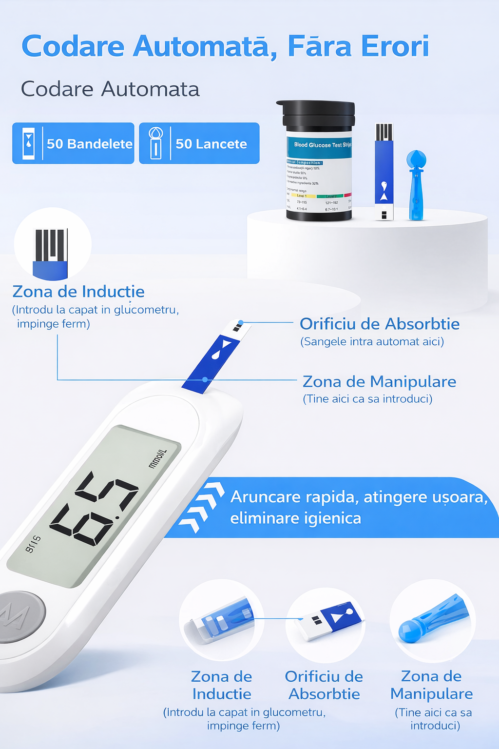 Glucometru digital cu 50 teste si lancete monitor glicemie LCD mare fara codare - cadou un Pulsoximetru