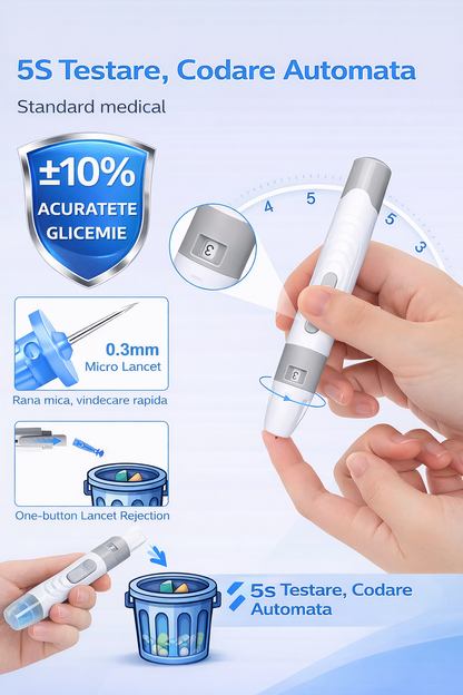 Glucometru digital cu 50 teste si lancete monitor glicemie LCD mare fara codare - cadou un Pulsoximetru