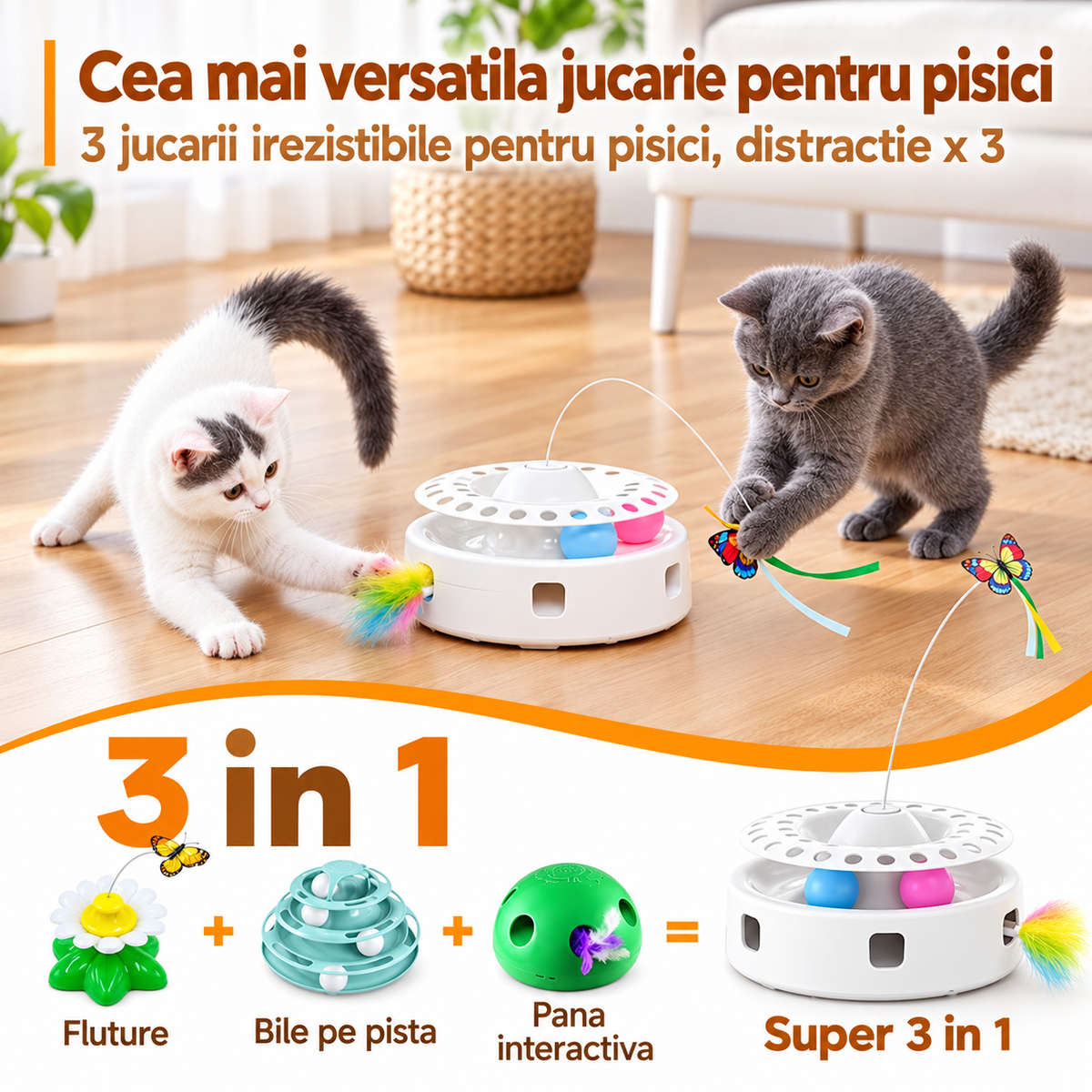 Jucarie Electrica Pisici 3 in 1 Bedee, USB, Rotatie 360, Senzor Automat, Alb