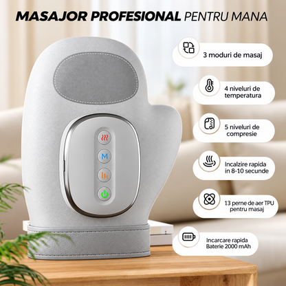 Aparat Masaj Maini cu Compresie si Caldura, 3 Moduri, 4 Temperaturi, Type-C, 2000mAh