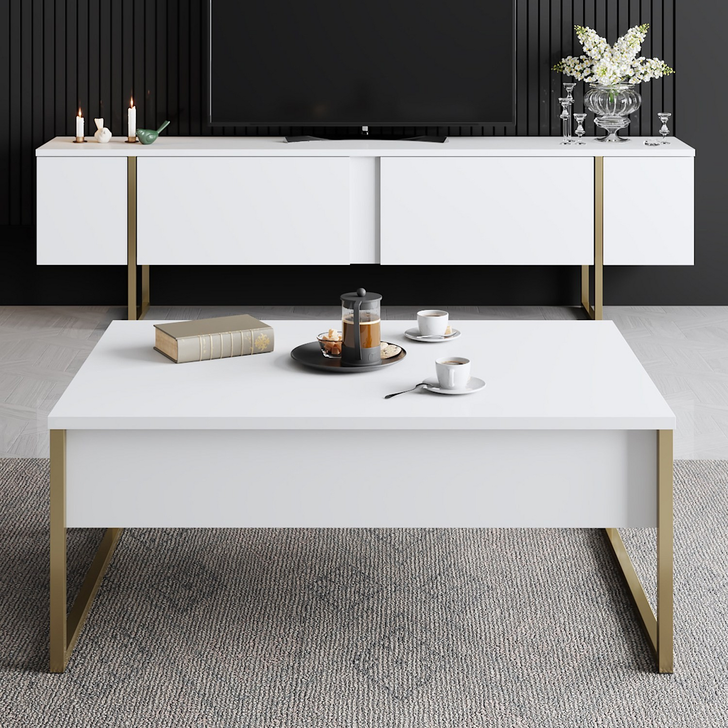 Masuta living cafea moderna alba aurie 90x60x40 cm MDF metal