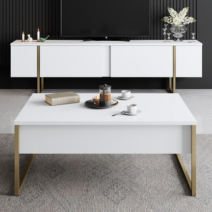 Masuta living cafea moderna alba aurie 90x60x40 cm MDF metal