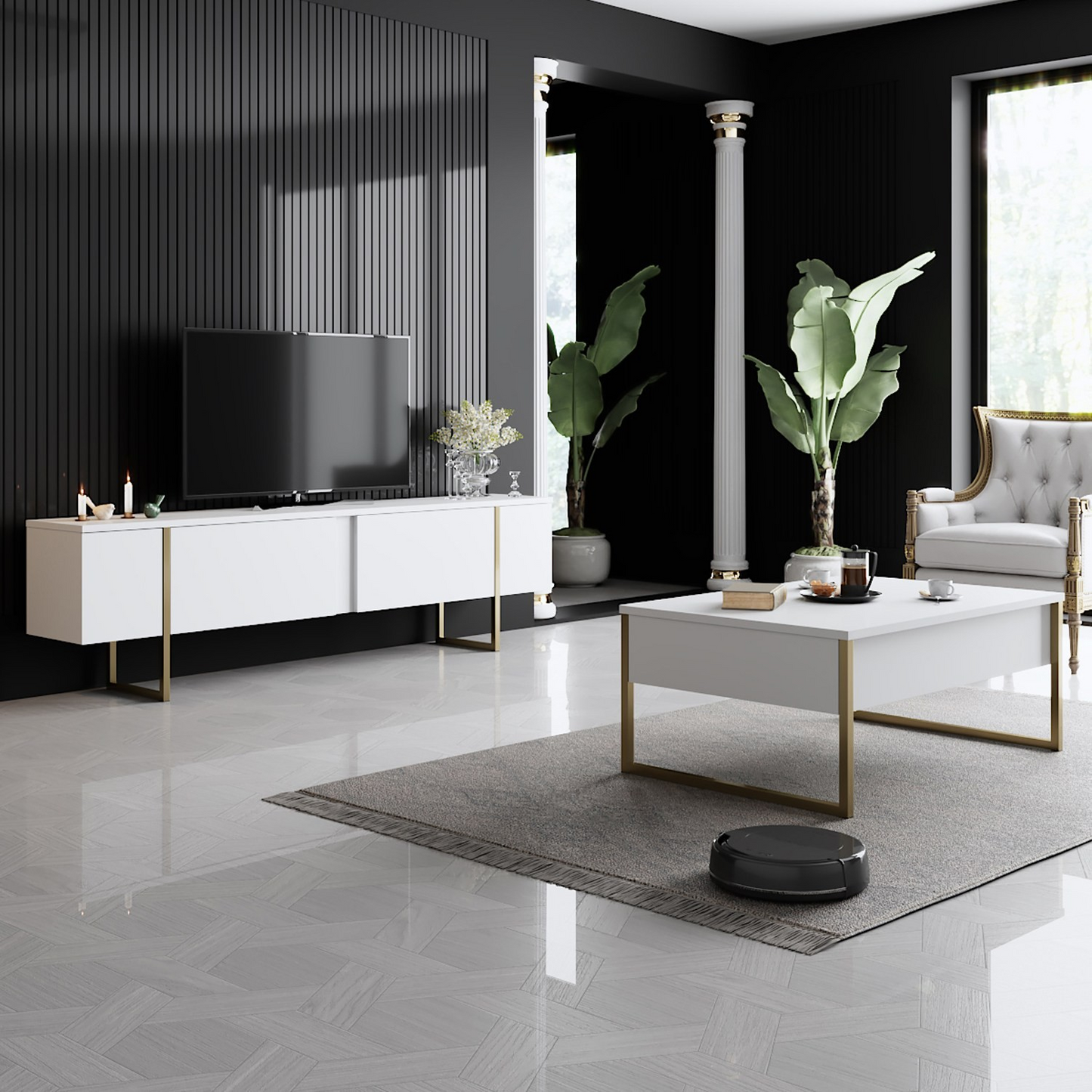 Masuta living cafea moderna alba aurie 90x60x40 cm MDF metal