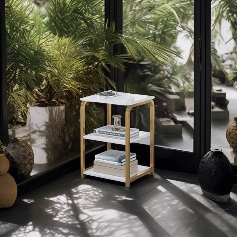 Masuta laterala moderna nordica 3 niveluri alb auriu 62x40x30 cm