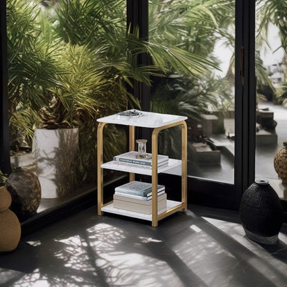 Masuta laterala moderna nordica 3 niveluri alb auriu 62x40x30 cm