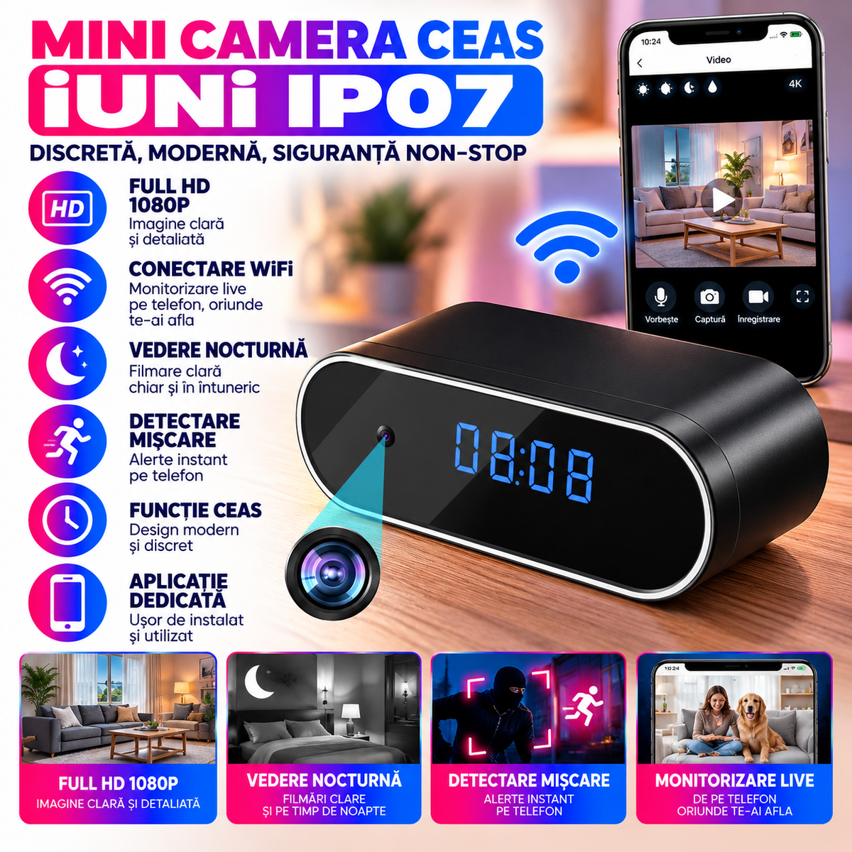 Mini Camera Ceas Spion iUni IP07 – Monitorizare Full HD, Live pe Telefon si Vedere Nocturna