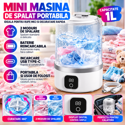 Mini Masina de Spalat Portabila 1L, Baterie Reincarcabila, USB Type-C, 2 Moduri, Alba