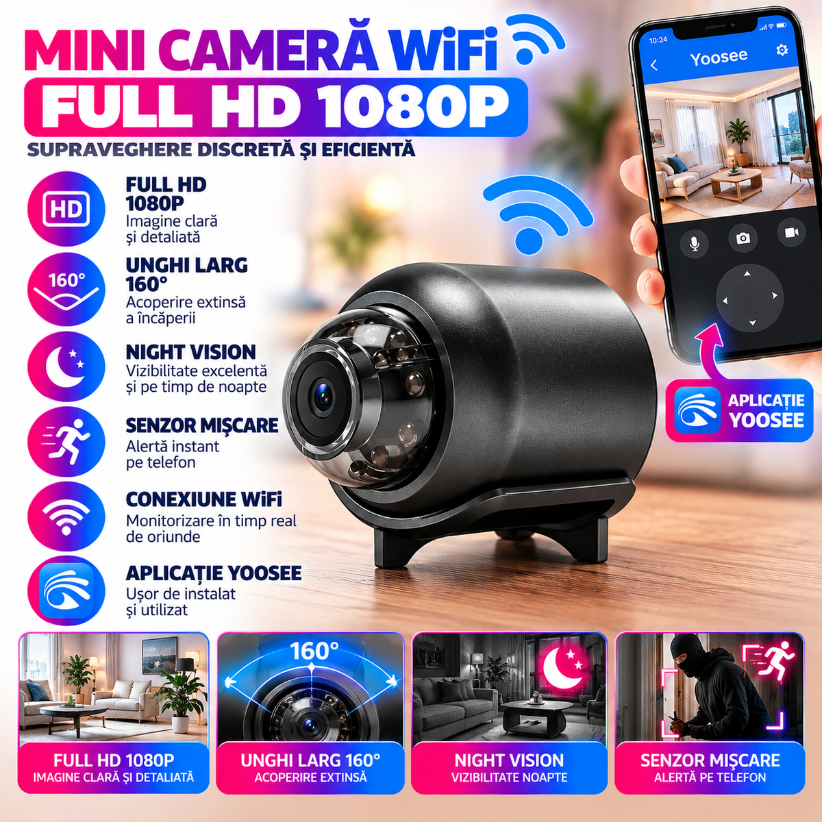 Mini Camera WiFi Full HD, Unghi 160 Grade, Night Vision, Senzor Miscare, Aplicatie Yoosee