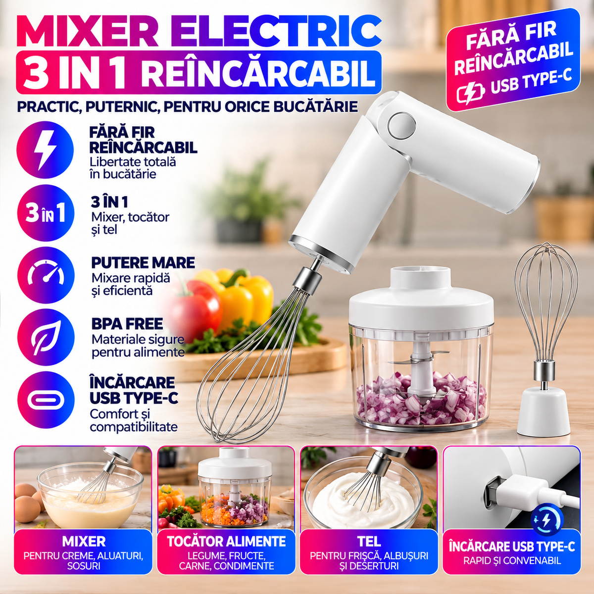 Mixer Electric 3 in 1 Reincarcabil, Tocator Alimente, Tel, Wireless, BPA Free, MAS0431