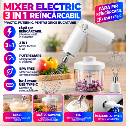 Mixer Electric 3 in 1 Reincarcabil, Tocator Alimente, Tel, Wireless, BPA Free, MAS0431