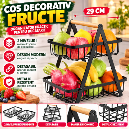 Cos Decorativ Fructe Negru 29 cm, Metalic, 2 Niveluri, Detasabil, Organizator Bucatarie