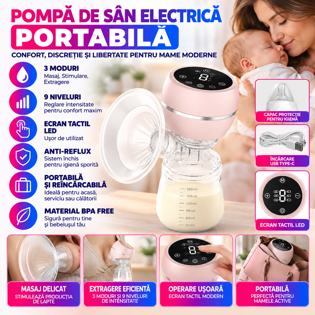 Pompa de San Electrica Portabila, Ecran Tactil LED, 3 Moduri, 9 Niveluri, Anti-Reflux, Roz