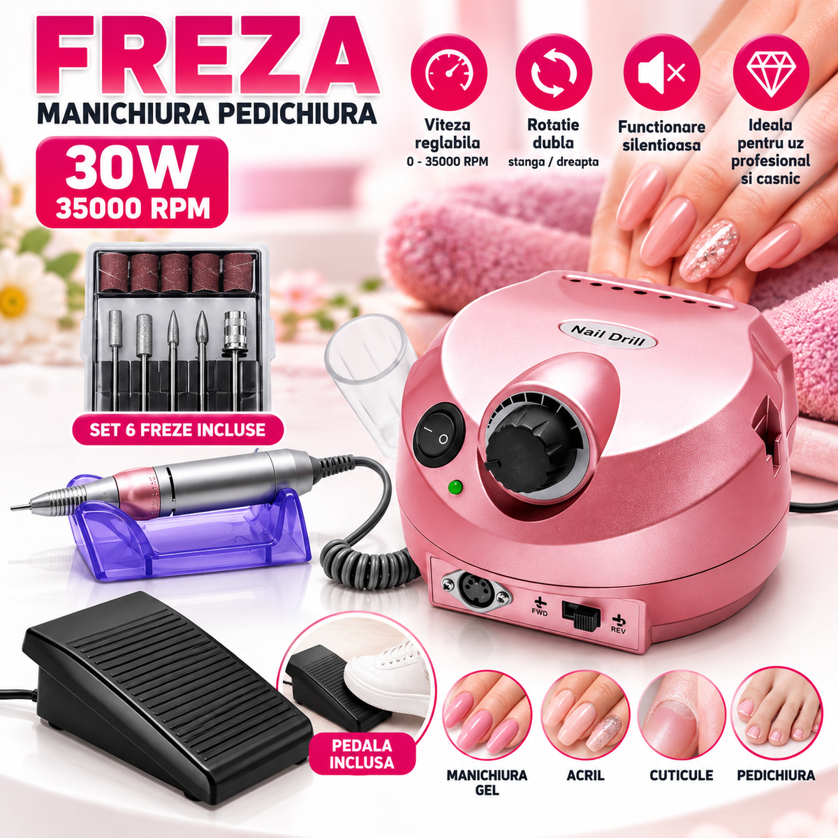 Freza Manichiura Pedichiura 30W Roz, 35000 RPM, Pedala, Set 6 Freze Incluse