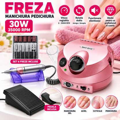 Freza Manichiura Pedichiura 30W Roz, 35000 RPM, Pedala, Set 6 Freze Incluse