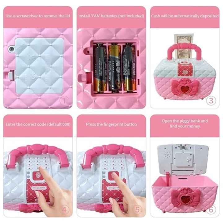 Pușculiță fetițe tip cutie machiaj – rulare automată bani, cod PIN, roz
