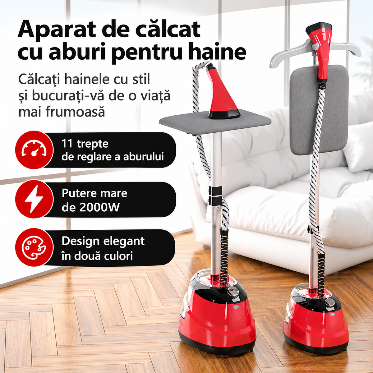 Steamer Vertical Haine Rosu 2000W, Rezervor 2L, 40 g/min, 3 Trepte, Masa de Calcat