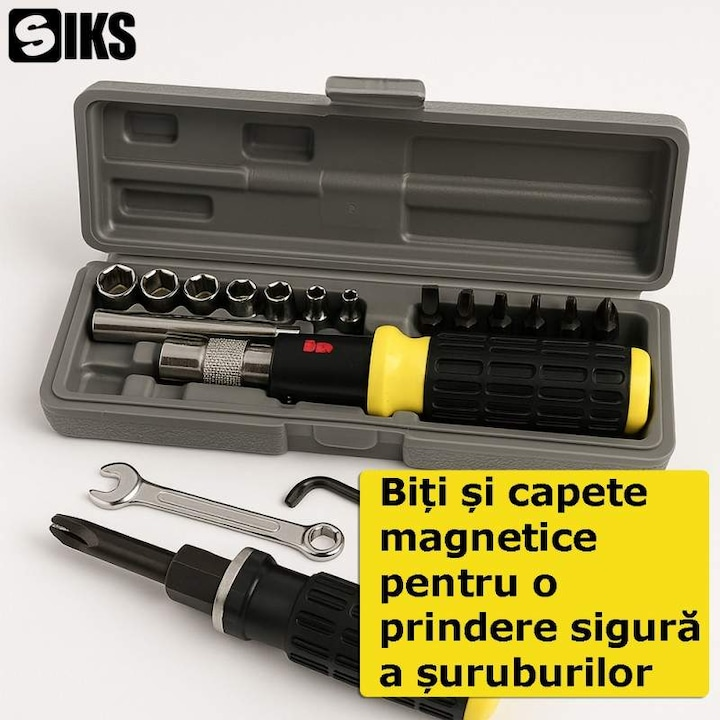 Set surubelnita cu clichet si biti 15 piese trusa scule compacta hexagonale prelungire