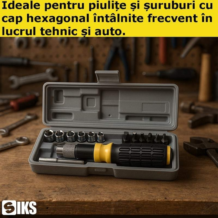 Set surubelnita cu clichet si biti 15 piese trusa scule compacta hexagonale prelungire