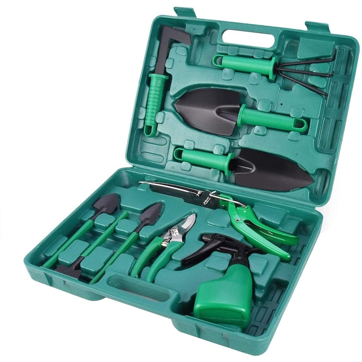 Set unelte gradinarit 10 piese cu valiza foarfeca lopata grebla