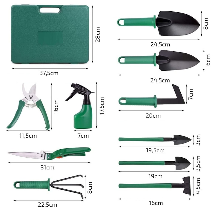 Set unelte gradinarit 10 piese cu valiza foarfeca lopata grebla