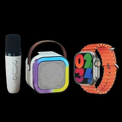 Set Smart 7 în 1 K12 – Smartwatch AMOLED, boxă Bluetooth, microfon karaoke & accesorii cadou
