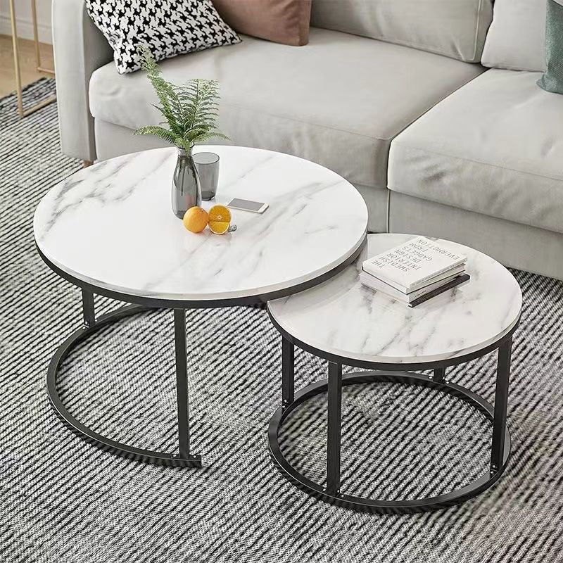 Set 2 Masute Rotunde de Cafea, Efect Marmura, Blat MDF, Cadru Metalic Negru, 70x45 cm si 50x38 cm