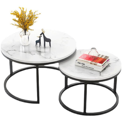Set 2 Masute Rotunde de Cafea, Efect Marmura, Blat MDF, Cadru Metalic Negru, 70x45 cm si 50x38 cm