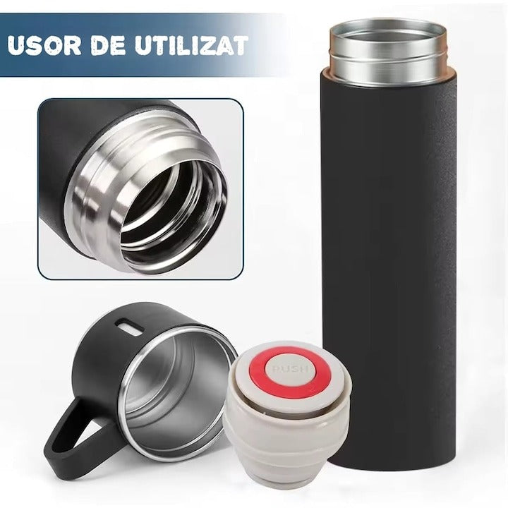 Set termos inox premium – cu 3 cești, negru, ambalaj elegant