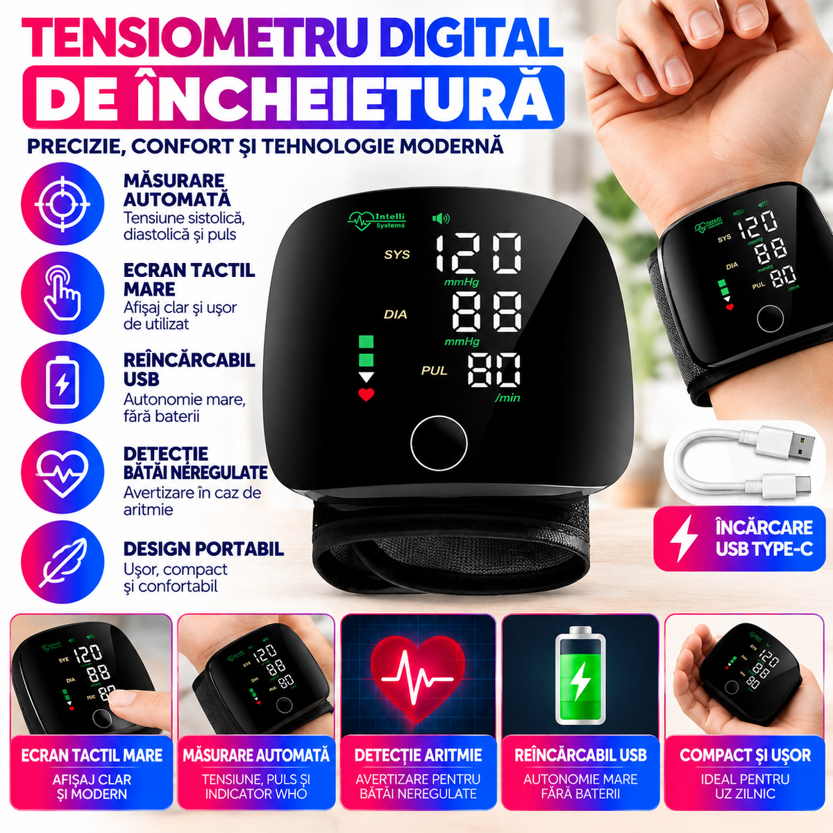 Tensiometru Digital de Incheietura, Reincarcabil USB, Ecran Tactil Mare, Masurare Automata