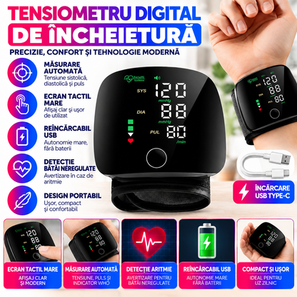 Tensiometru Digital de Incheietura, Reincarcabil USB, Ecran Tactil Mare, Masurare Automata