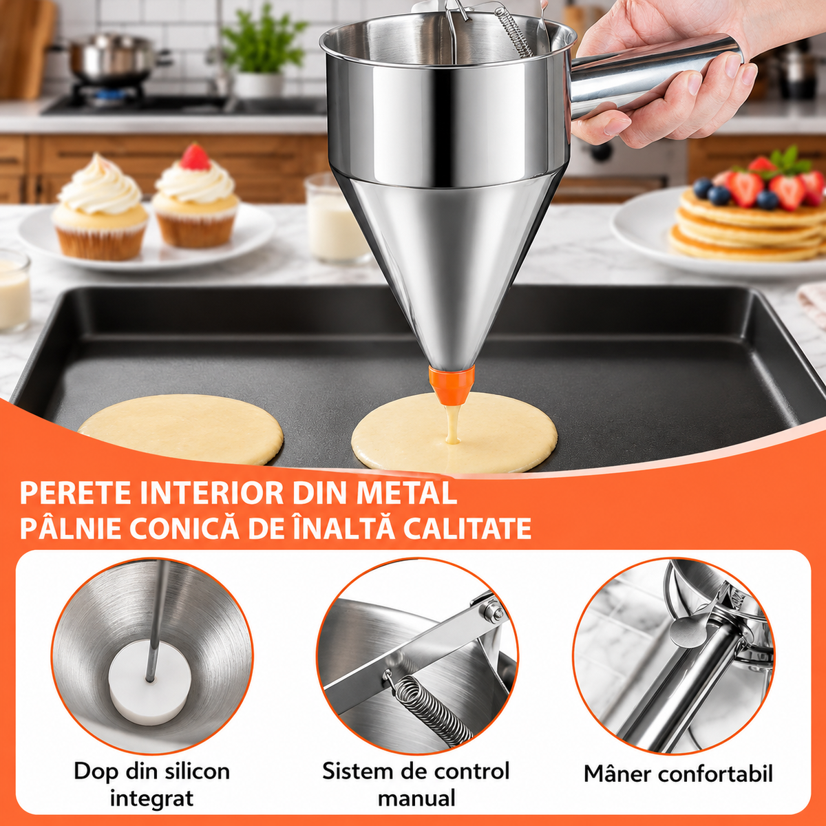 Dispenser Aluat 1.2L din Otel Inoxidabil, Dozator Clatite cu Maner cu Arc