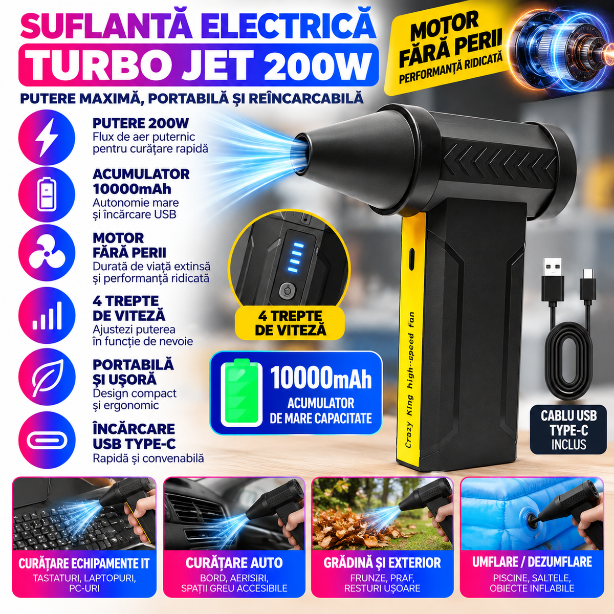 Suflanta Electrica Turbo Jet 200W, Acumulator 10000mAh, Motor Fara Perii, 4 Trepte, Negru