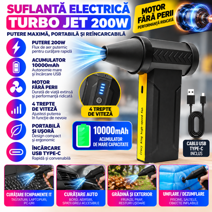 Suflanta Electrica Turbo Jet 200W, Acumulator 10000mAh, Motor Fara Perii, 4 Trepte, Negru