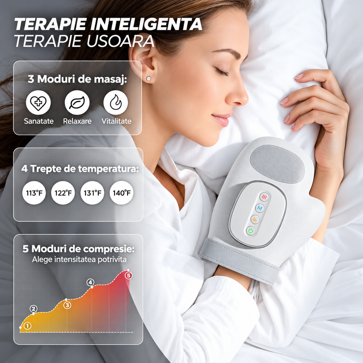 Aparat Masaj Maini cu Compresie si Caldura, 3 Moduri, 4 Temperaturi, Type-C, 2000mAh