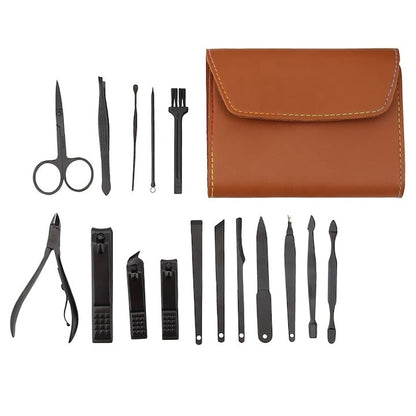 Trusă manichiură profesională 16 piese – oțel negru mat, carcasă piele eco