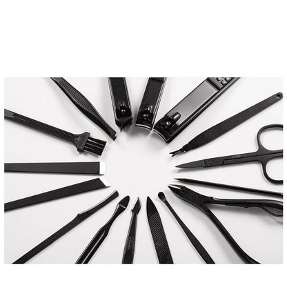 Trusă manichiură profesională 16 piese – oțel negru mat, carcasă piele eco