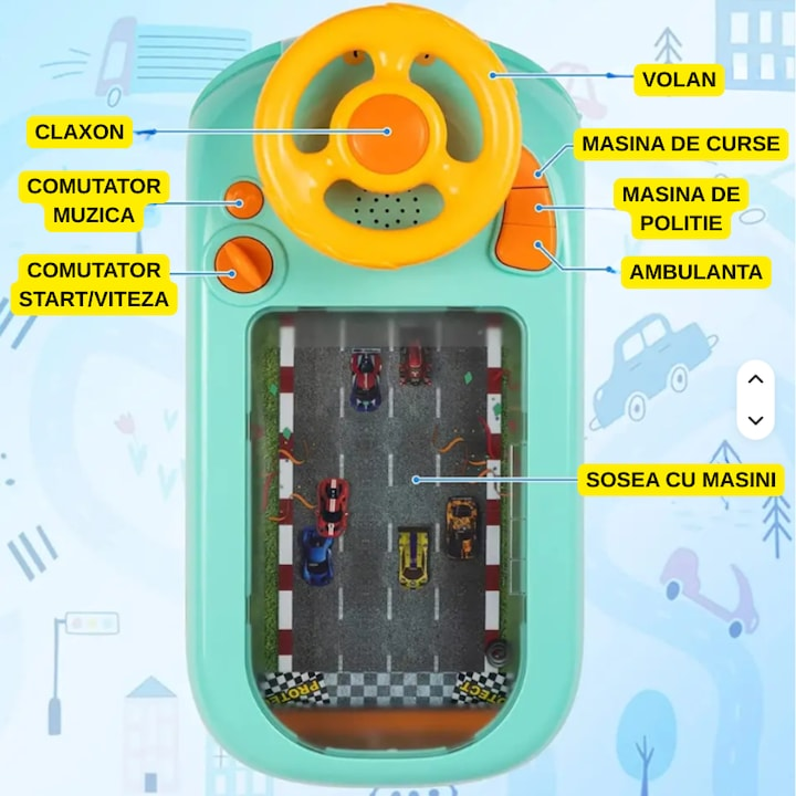 Volan interactiv copii cu sunete si joc de curse 43x22x13 cm