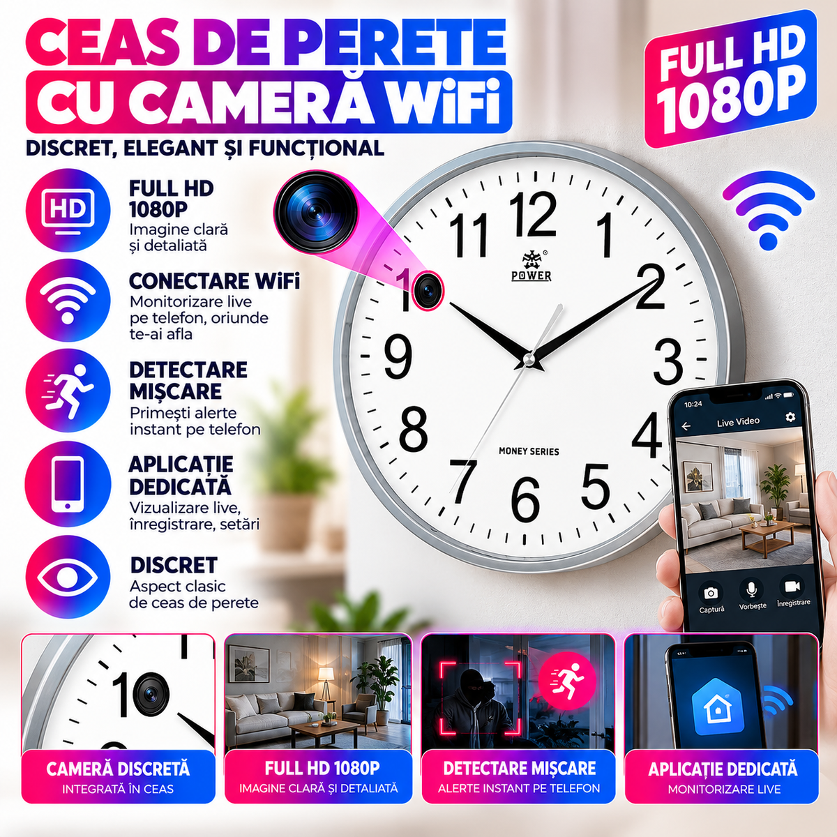 Ceas de Perete Spion cu Camera WiFi – Monitorizare Full HD, Live pe Telefon si Detectare Miscare