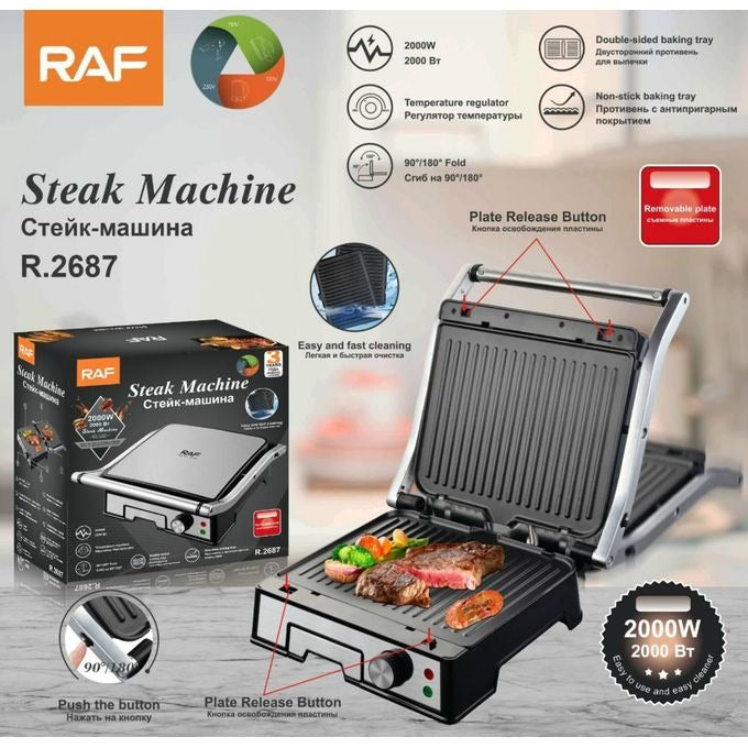 Grill Electric RAF R.2687 2000W pentru Sandvișuri & Steak, Plăci Antiaderente, Încălzire Dublă