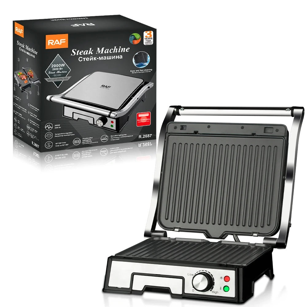 Grill Electric RAF R.2687 2000W pentru Sandvișuri & Steak, Plăci Antiaderente, Încălzire Dublă