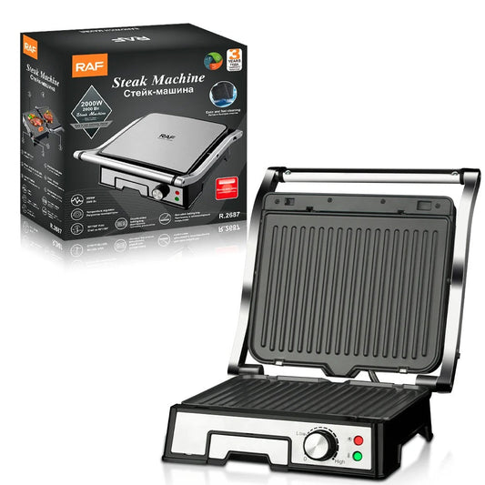 Grill Electric RAF R.2687 2000W pentru Sandvișuri & Steak, Plăci Antiaderente, Încălzire Dublă