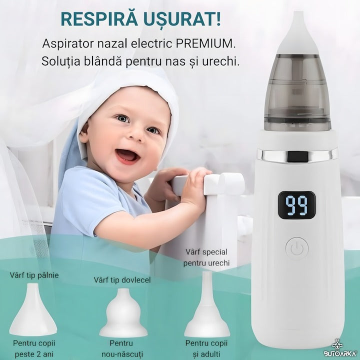 Aspirator nazal electric 2 în 1 pentru bebeluși și copii, LCD, 5 trepte, USB, 65 kPa